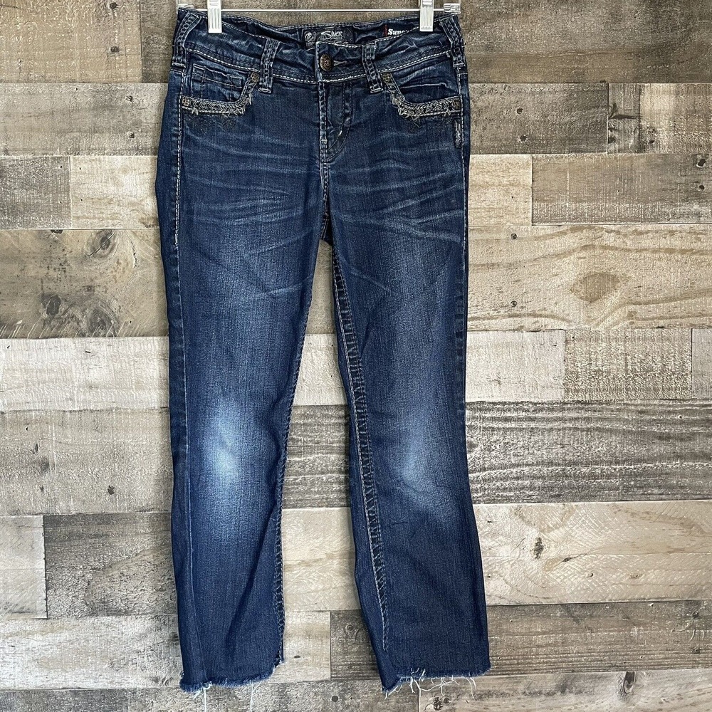 Silver Jeans Women 26 Dark Blue Denim Suki Bootcut Boot Mid Rise Cut Off Raw Hem
